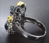 Серебряное кольцо с кристаллическими черными опалами и диопсидами Серебро 925