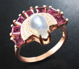 Оригинальное серебряное кольцо с лунным камнем и родолитами Серебро 925