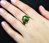 Серебряное кольцо с кабошоном зеленого апатита с эффектом «кошачьего глаза» 8+ карат и диопсидами Серебро 925