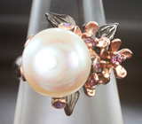 Серебряное кольцо с жемчужиной, аметистами и родолитами Серебро 925