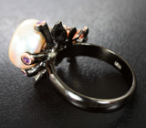 Серебряное кольцо с жемчужиной, аметистами и родолитами Серебро 925