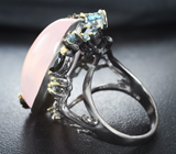 Серебряное кольцо с розовым кварцем 29+ карат, голубыми топазами и черной шпинелью Серебро 925