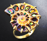 Золотое кольцо с аммонитом с аммолитовой мозаикой 31,88 карата! Игра всеми цветами радуги Золото