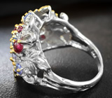 Яркое серебряное кольцо с родолитами, танзанитами и рубинами Серебро 925