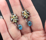 Серебряные серьги с голубыми топазами, цаворитами и синими сапфирами Серебро 925