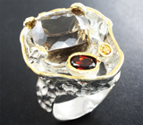 Серебряное кольцо с дымчатым кварцем 10+ карат, мозамбикскими гранатами и цитрином Серебро 925