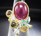 Серебряное кольцо с рубином, разноцветными турмалинами, перидотами и изумрудами Серебро 925