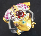 Скульптурное серебряное кольцо с мозамбикским гранатом, родолитами, изумрудом, оранжевыми и пурпурными сапфирами Серебро 925