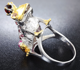 Скульптурное серебряное кольцо с мозамбикским гранатом, родолитами, изумрудом, оранжевыми и пурпурными сапфирами Серебро 925