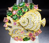Замечательное серебряное кольцо с диопсидами и розовыми турмалинами Серебро 925