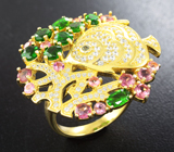 Замечательное серебряное кольцо с диопсидами и розовыми турмалинами Серебро 925