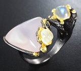 Серебряное кольцо с розовым кварцем 17+ карат, лунным камнем и кианитом