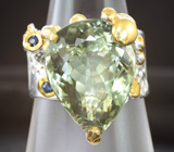 Серебряное кольцо с зеленым аметистом 11+ карат и синими сапфирами Серебро 925