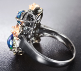 Серебряное кольцо с кристаллическими черными опалами, голубыми топазами и перидотами Серебро 925