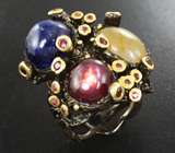Серебряное кольцо cо звездчатым рубином, сапфирами и родолитами Серебро 925