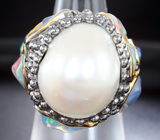 Серебряное кольцо с жемчужиной 34,07 карата и кристаллическими эфиопскими опалами 10,53 карата