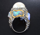 Серебряное кольцо с жемчужиной 34,07 карата и кристаллическими эфиопскими опалами 10,53 карата Серебро 925