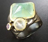 Серебряное кольцо с пренитом 12+ карат, лунным камнем с эффектом кошачьего глаза и аметистом