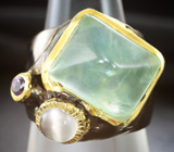 Серебряное кольцо с пренитом 12+ карат, лунным камнем с эффектом кошачьего глаза и аметистом
