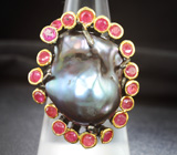 Серебряное кольцо с цветной жемчужиной барокко и розовыми сапфирами Серебро 925