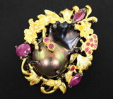 Серебряный кулон с цветной жемчужиной барокко и пурпурными сапфирами Серебро 925