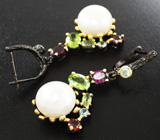 Серебряные серьги с жемчугом и самоцветами Серебро 925