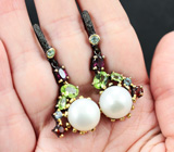 Серебряные серьги с жемчугом и самоцветами Серебро 925