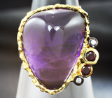 Серебряное кольцо со сливовым аметистом 26+ карат и родолитами Серебро 925