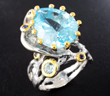 Серебряное кольцо с топазом лазерной огранки 10,5 карата и синими сапфирами Серебро 925