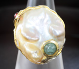 Серебряное кольцо с жемчужиной барокко, индиголитом турмалином и родолитом Серебро 925