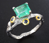 Серебряное кольцо с изумрудом и синими сапфирами Серебро 925
