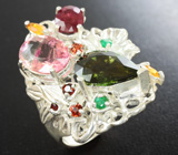 Серебряное кольцо с разноцветными турмалинами, изумрудами, цитринами и мозамбикскими гранатами Серебро 925