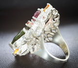 Серебряное кольцо с разноцветными турмалинами, изумрудами, цитринами и мозамбикскими гранатами Серебро 925