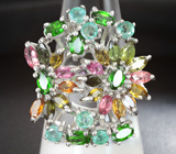 Превосходное серебряное кольцо с диопсдидами, изумрудами и разноцветными турмалинами Серебро 925
