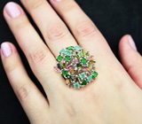 Превосходное серебряное кольцо с диопсдидами, изумрудами и разноцветными турмалинами Серебро 925