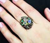 Серебряное кольцо с кристаллическими эфиопскими опалами, хризопразом, диопсидами и перидотами Серебро 925