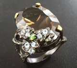 Серебряное кольцо с дымчатым кварцем 26+ карат, диопсидом и голубыми топазами Серебро 925