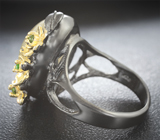 Серебряное кольцо с рутиловым кварцем 24+ карат и диопсидами