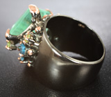 Серебряное кольцо с зеленым флюоритом 19+ карат, аметистом, голубыми топазами и перидотами Серебро 925