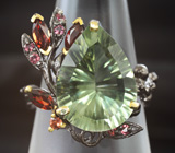 Серебряное кольцо с зеленым аметистом 12+ карат, родолитами и мозамбикскими и гранатами Серебро 925