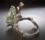 Серебряное кольцо с зеленым аметистом 12+ карат, родолитами и мозамбикскими и гранатами Серебро 925
