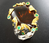 Серебряное кольцо с дымчатым кварцем 42,32 карата авторской огранки и изумрудами Серебро 925