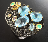 Серебряное кольцо с голубыми топазами, родолитом и мозамбикскими гранатами, хризопразом и цитринами
