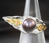 Серебряное кольцо с цветной жемчужиной 5,54 карата и сапфирами падпараджа Серебро 925