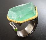 Серебряное кольцо с неоново-зеленым флюоритом 30+ карат и диопсидами Серебро 925