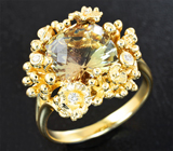 Золотое кольцо с топовым орегонским солнечным камнем лазерной огранки 4,07 карата и бриллиантами Золото