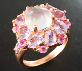 Серебряное кольцо с розовым кварцем, аметистами и сапфирами Серебро 925
