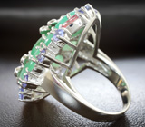 Превосходное серебряное кольцо с изумрудами, разноцветными турмалинами, танзанитами и родолитами Серебро 925