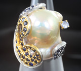 Серебряное кольцо с жемчужиной барокко 28,9 карата, танзанитом и синими сапфирами Серебро 925