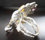 Серебряное кольцо с кристаллическим эфиопским опалом 6,5 карата, цитрином, родолитами и сапфирами Серебро 925
